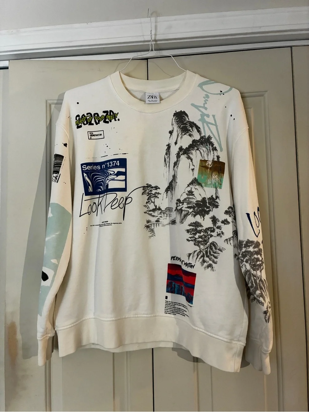Zara Cream Graphic Crewneck with Multicolor Prints